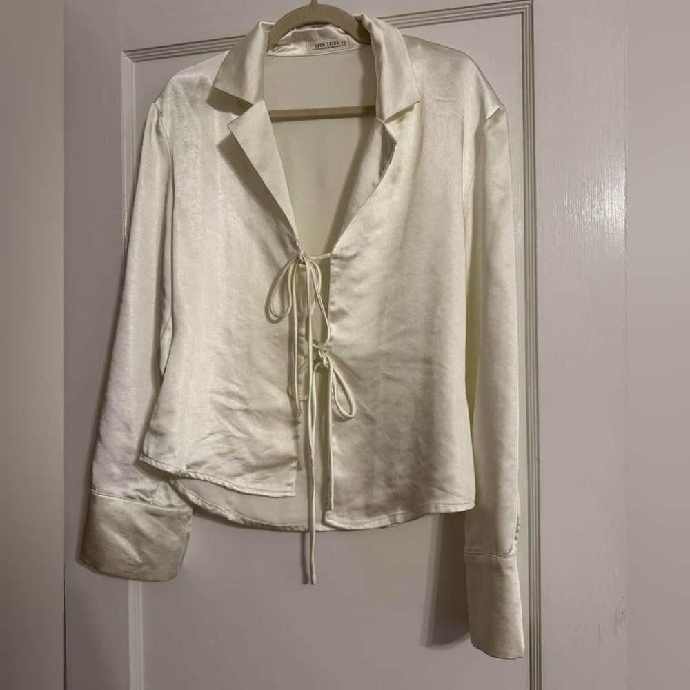 12th tribe white satin tie front top